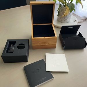 Shinola wooden watch box, booklets, used leather band.